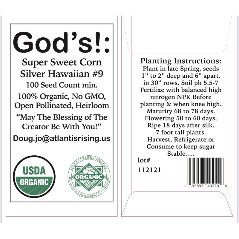 USDA, Organic, Silver, Hawaiian #9, Super, Sweet Corn, Heirloom, Open