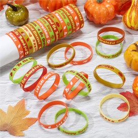 Cunno 96 Sets Thanksgiving Party Favors Silicone Bracelets Bulk with Gift Greeting Cards Fall Leaves Pumpkin Rubber Wristbands for Turkey Day Autumn Harvest Office Party Decorations