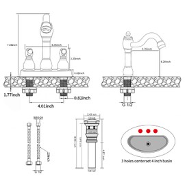 GGStudy Antique Brass Bathroom Faucet 2 Handles 4 Inches Centerset RV Bathroom Vanity Faucet with Drain Assembly and Supply Hose Lavatory Faucet