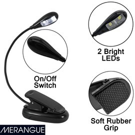 Merangue Adjustable Book Light, 2 LED, Clip-On, Black
