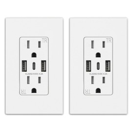 ELEGRP USB C Wall Outlets with 3-Ports, 15 Amp Outlets with USB Ports, Tamper-Resistant USB Outlet, Wall Plate Included, Matte White, UL Listed, 2 Pack