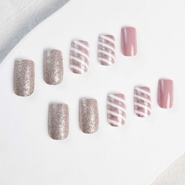 Christmas Press on Nails Short Square White Pink Stripe Fake Nails, Glitter Pink Press on Nails Gel Acrylic Nails Glue Stick on Nail Tip Reusable Natural Fit Winter False Nails Kit
