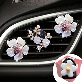 Maxtech Pearl Flower Vent Clip, 3 Pcs Pearl Daisy Car Air Fresheners for Women Diamond Rhinestone Car Bling Accessories + Cute Mask Hook