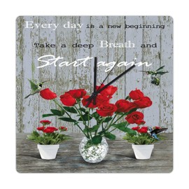 Wooden Clock Everyday is A New Beginning Take A Deep Breath and Start Again Cool Room Decor Battery Operated Quartz Analog Quiet Bouquet Hummingbirds in Vase Square Clock 10 Inch