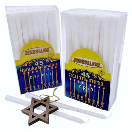 2 Boxes Chanukah Menorah Candles All White 45 Candles per Box Kosher Made in Israel Including One 2" Wooden Star of David