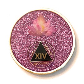 14 Year AA Medallion - The Lotus Purple Medallion Glitter, Bling, Alcoholics Anonymous 38mm, Chip, Token, Coin