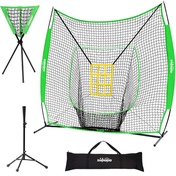 Zupapa 7x7 Feet Baseball Softball Hitting Pitching Net Tee Caddy Set with Strike Zone, Baseball Backstop Practice Net for Pitching Batting Catching for All Skill Levels (Green)