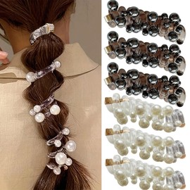 6pcs Pearl Spiral Braided Telephone Scrunchies Hair Ties White Curry Phone Cord Ponytail Braids Fixed Hair Rope Bead Swivel Hair Rope