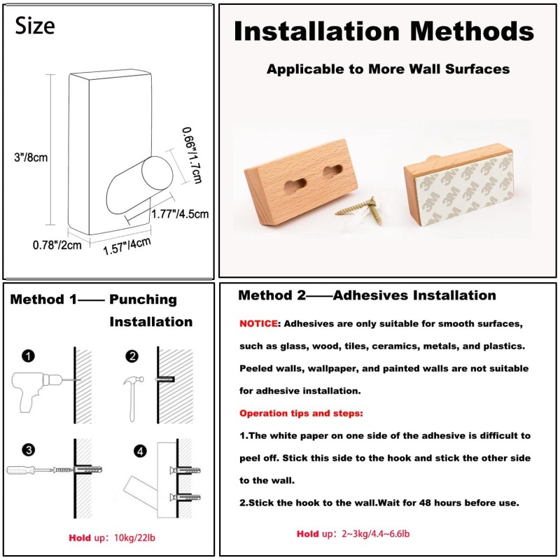 Homedo 4Pack Adhesive Wall Hooks Hat Rack, Wooden Coat Hooks