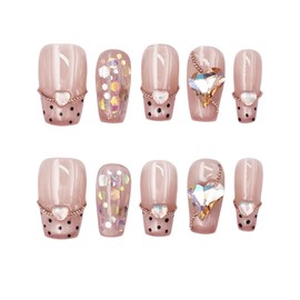 farfarflame Handmade Nail Tip Medium Long Ballerina Magnet 3D Diamond Glossy Stylish Cute Design Party False Nails, Pack of 10 (Wave Point Heart, M)