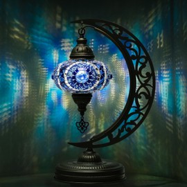 Mozaist Turkish Lamp, Unique Lamps, Moon Shaped Mosaic Table Lamp, Moroccan Handmade Antique Bohemian Vintage Lamp Shade, Tiffany Desk Bedside Stained Glass Lamp with US Plug and E12 Socket