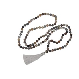 Jeannieparnell N570 108 Bead Natural Agate Mala – Hand-Knotted Meditation Necklace with Tassel for Yoga, Prayer & Mindfulness – Grounding Gemstone Japa Mala for Men & Women