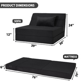 Youtanic 5 in 1 Folding Sofa Bed, Twin Size Convertible Sleeper Chair with Pillow, Memory Foam Futon Couch, Velvet Fabric Washable Mattress for Living Room, Dorm, Guest, Home Office, Apartment, Black