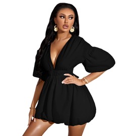 WDIRARA Women's Deep V Neck Puff Sleeve High Rise Flare Dress Elastic Waist Dress Black L