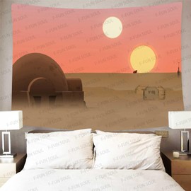 F-FUN SOUL Twin Suns Planet Wars Tapestry, 40x30inchs Soft Flannel, Desert Globe Tatooine Wall Hanging Tapestries for Living Room Bedroom Home Decor GTDWFS806