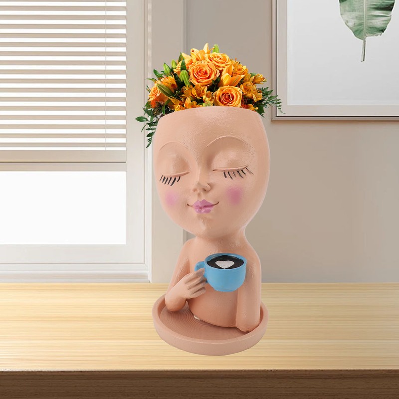 Resin Face Plant Pot Creative Cute Small Drinking Coffee Succulent