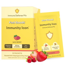 Feel Goods Immunity Icon, Zero Sugar, Vitamin C, A, B, D, E & Zinc, Organic Elderberry, Ashwagandha, Drink Mix Powder, Vegan, Non GMO, Caffeine & Gluten Free | Wild Berry, 15 Count
