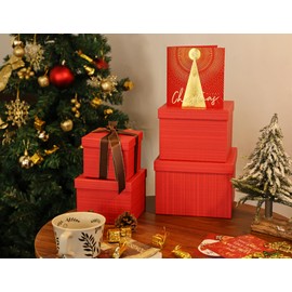 MIZFRUZZY 4-Piece Decorative Storage Boxes with Lids, Red Plaid Textured, Cardboard Paperboard Photo Keepsake Box Set, Holiday Gift Wrapping Boxes for Memory, Home Decor, and Office Organizer