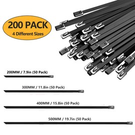 Deecam Black Metal Zip Ties 200 Pcs, Multi-Size 304 Stainless Steel Heavy Duty Cable Ties, Self Locking Zip Ties for Exhaust Wrap, Farms, Pipes, Fence, Wires