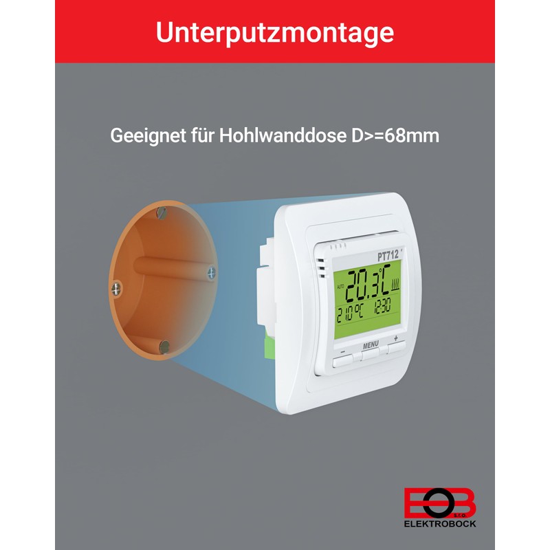 ELEKTROBOCK PT712 Digitaler Raumthermostat 230V - Programmierbarer Wandthermostat mit beleuchtetem