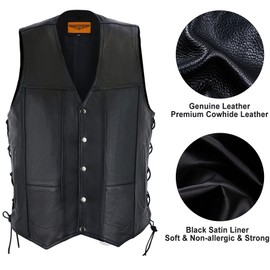 Dream Apparel Mens Leather Motorcycle Vest for Riding, Biker Vest Black Club Vest with 2 Concealed Carry Pockets & Side Laces