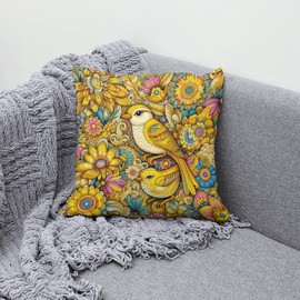 The Beach Stop Colourful Mosaic Yellow Birds & Flowers Accent Cushion Cover | Home Decor Inspo | Gift Idea for Bird Lovers | 45x45cm 18x18” | Mandala Birds