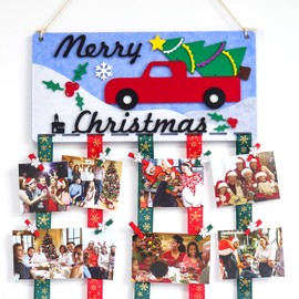 Christmas Card Holder Wall Display, Felt Christmas Card Holder Wall Display & Bulletin Boards, Christmas Card Holder Wall Display with Steric Truck Christmas Tree, 30 Wood Clips & 6 Ribbons