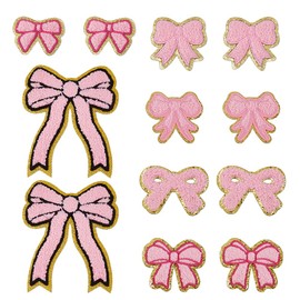 DICOSMETIC 12 Stück 6 Styles Rosa Schleifen Patches Chenille Aufbügelpatches Niedliche Schleifen Applikation Pailletten Stickerei Stoffaufbügelpatches Für Kleidung Hüte Rucksäcke Jacken