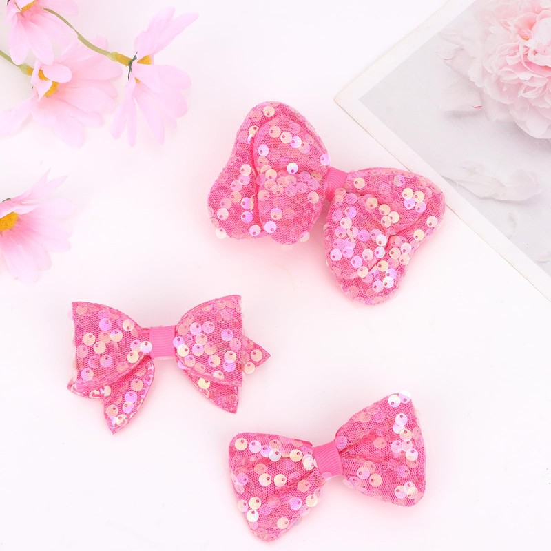 AMCAMI Glitter Hot Pink Hair Bows Clips,3PCS Small Sparkling Bling