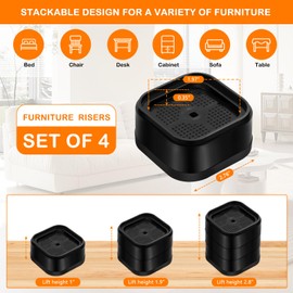 shouwuhho 32 Pack Furniture Risers Adjustable Bed Risers Heavy Duty Lifts Height 1", Square Stackable Bed Risers 1, 2 or 3 Inch for Desk Leg Table Couch Sofa Chair Bed Frame Legs Dorm, Black