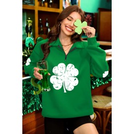ALIREVERIE Women's St Patricks Holiday Loose Fit Shirts Irish Shamrock Oversized Quarter Zipper Sweatshirt Clover M