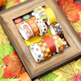 Juego de cinta Washi, 12 rollos de cinta decorativa de otoño, calabaza, hojas de arce de otoño, cinta adhesiva para suministros de diario, diario basura, álbumes de recortes, manualidades y