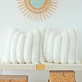 JOJUSIS Pack of 2 Faux Fur Plush Decorative Throw Pillow Covers Couch Cushion Case Soft Fluffy Pillowcases Wide Stripe (White, 24 x 24 Inch)
