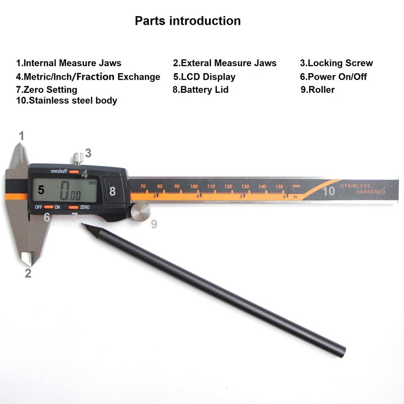 Auto-Off Inch/Millimeter/Fraction 6 inch Digital caliper Measuring Tool Micrometer Stainless