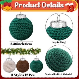 Soulchen 12 Pcs Christmas Crochet Ornaments Balls 2.36 Inch Christmas Knitted Ornaments Neutral Handmade Crochet Decoration for Xmas Tree Festival Wreath Garland Decor(Khaki, Beige, Green)
