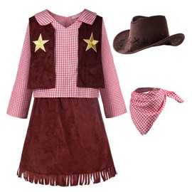 ReliBeauty Cowgirl Cowboy Costume Girls Children with Hat and Neckerchief Carnival Fancy Dress Costumes Children, 140