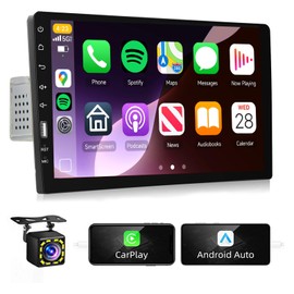Podofo Single Din Car Stereo with Carplay Android Auto,9inch 1024x600 HD IPS Touchscreen Bluetooth FM/AM Radio Mirror Link SWC,Car Audio Receivers,HD Backup Camera/External Mic/USB