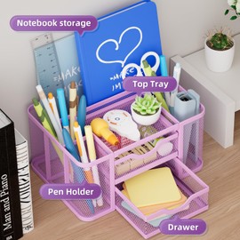 Marbrasse Mesh Desk Organizer, Pen Organizer with 2 Drawer, Multi-Functional Pencil Holder for Desk, Desk Organizers and Accessories with 5 Compartments + Drawer for Office Art Supplies (Purple)