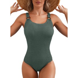 Herseas Women's Retro Scoop Neck Padded One-Piece Swimsuits High Cut Low Back Bathing Suits Modest Swimwear Bodysuit Dark Green Medium
