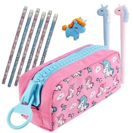 FAMU Land Unicorn School Pencil Case - Gift for Girls 6 7 8 9 Years - Stationery Set with Pencils, Rubber and Pens - Large Zip and Large Capacity - Original Birthday Gift, pink, Pink
