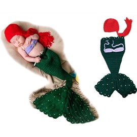 KLEYAO Newborn baby Photography Props,Girls photo outfits,Handmade Crochet Mermaid Set(Headband Bra Tail) (Green and Red)