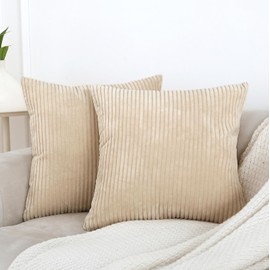 Pack of 2 Beige Corduroy Decorative Throw Pillow Covers 18x18 Inch Striped Cushion Covers Cozy Boho Pillowcase Farmhouse Home Decor Soft Accent Cushion Case for Couch Sofa Bed Living Room 45x45 cm