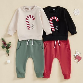 Loalirando Toddler Baby Boy Christmas Outfits Long Sleeve Candy Cane Embroidery Sweatshirt Pullover Tops Drawstring Pants Sets Fall Winter Clothes (Khaki, 2-3T)