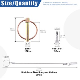 Glarks 15Pcs 5/16" x 1-3/4" Lynch Pin with Lanyard Cable Set 10Pcs Lynch Pin Lock Pin Clips and 2Pcs 304 Stainless Steel Lanyard Cable with Quick Release Ring for Farm Tractors Trailers Trucks Mowers