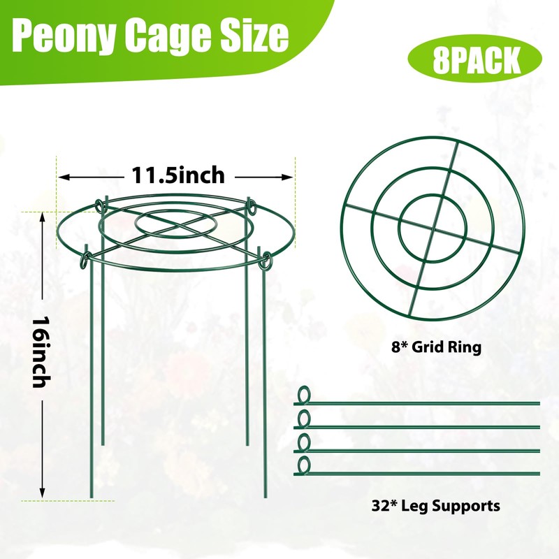8 Pack Peony Cages and Supports, 11.5" Dx16 H Plant