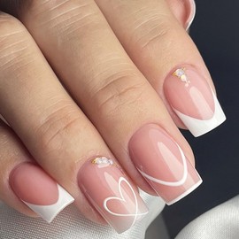 White Heart French Tip Press on Nails Short Square False Nails Romantic Fake Nails Glossy Full Cover Glue on Nails for Women