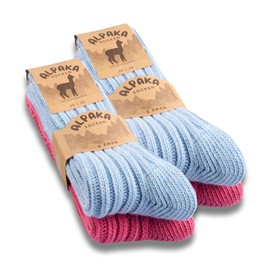 Alpaca Socks for Men/Women, Woollen Socks, Warm Winter Socks, 4 Pairs, Blue Pink