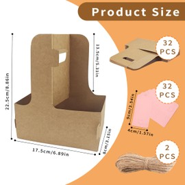 Turmaster 2 Cup Drink Carrier,32 Pack Coffee Cup Holders with Handle,Cardboard Cup Holders for Hot or Cold Drinks,Coffee Carrier with Ribbon and Card,Food Delivery Services and Bouquet(Kraft)