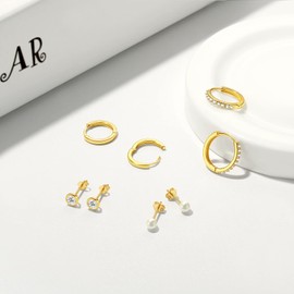 4 Pairs of Stud Earrings Hoop Earrings Silver 925 Small for Women, AAA+ Zirconia Stud Earrings Gold Set, Cartilage Huggie Earrings for Girls Women, Cubic Zirconia, Cubic Zirconia