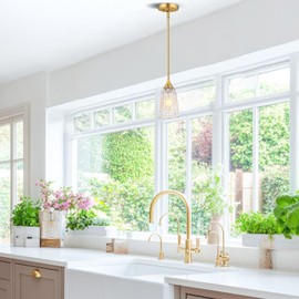 SADUENFR Brushed Gold Pendant Lights Kitchen Island 2 Pack, Glass Pendant Light Fixtures with Hammered Glass and Rods, Modern Farmhouse Brass Hanging Light for Kitchen Sink Dining Room Bedroom, E26